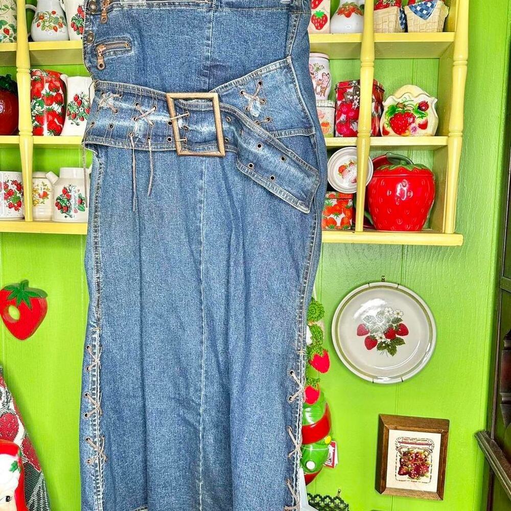 Vintage y2k starwear jeans grunge fairycore amazing lace up denim maxi skirt